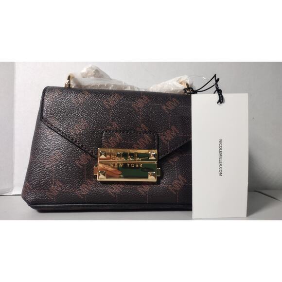 Nicole Miller Logo Handbag Crossbody Chain Brown& Gold NWT - Picture 2 of 7